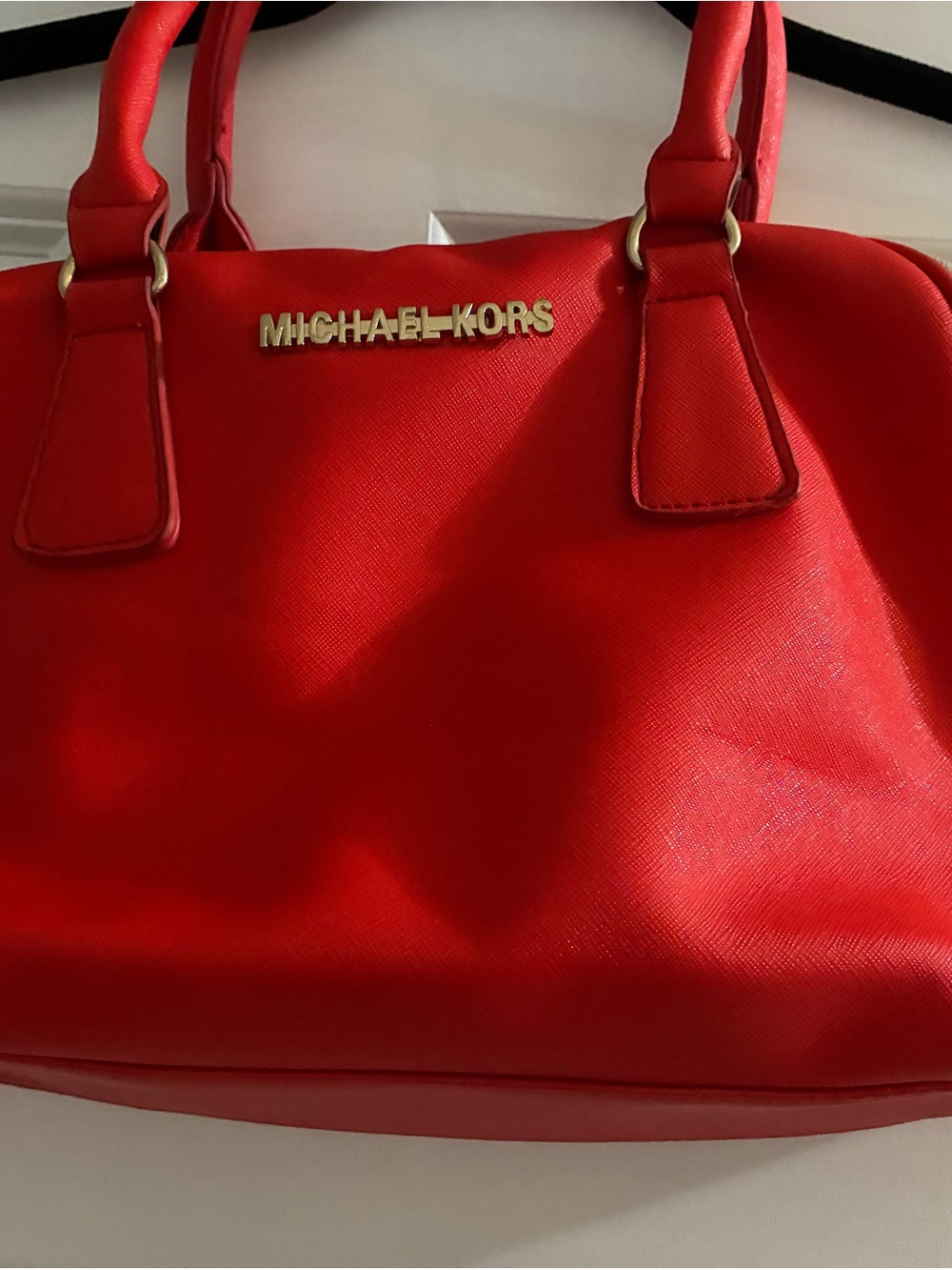 Michael Kors Red Saffiano Satchel with Gold-Tone Logo